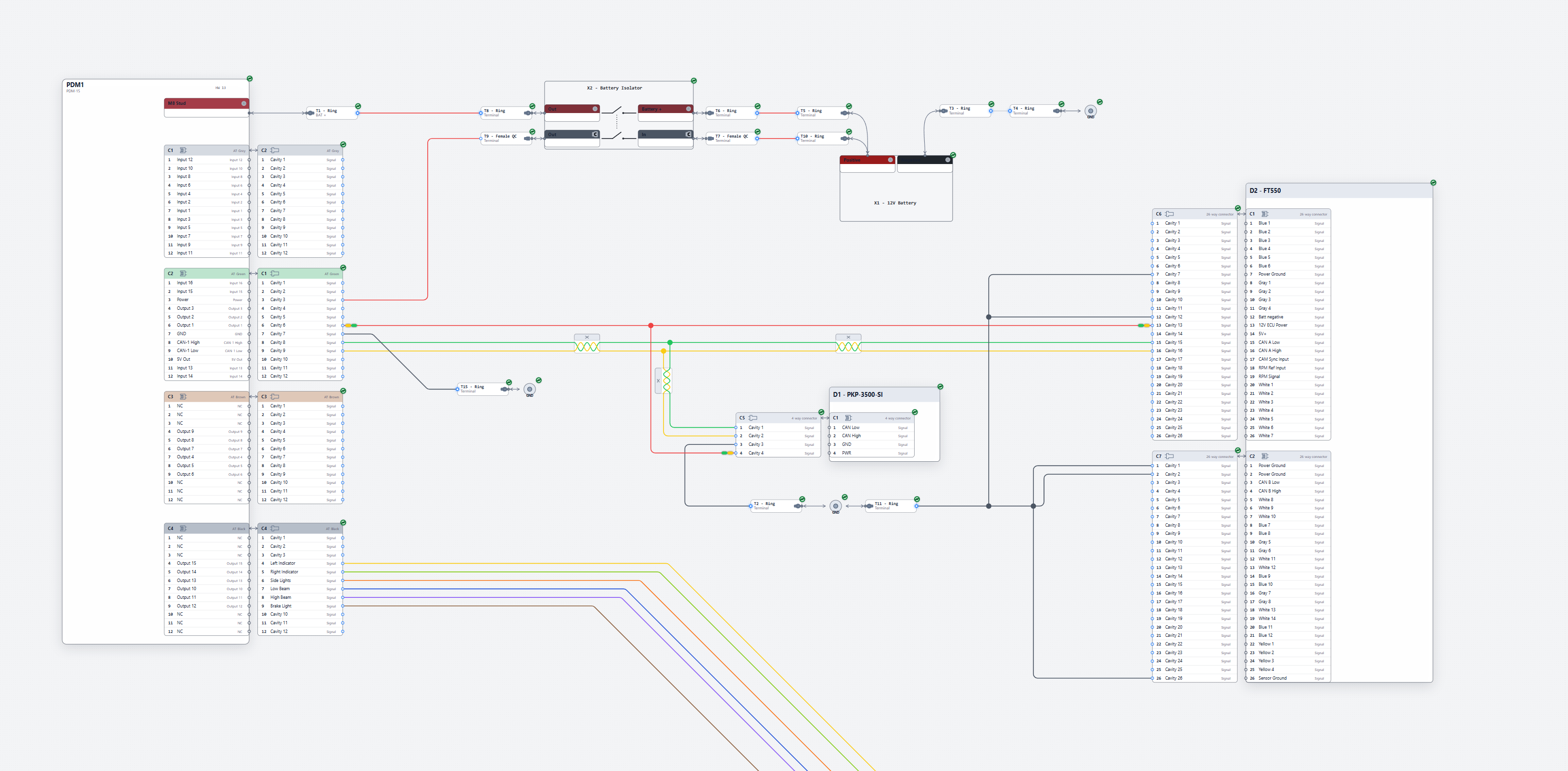 The vehicle schematic in light mode, with coloured circuits on a pale canvas and light component panels.